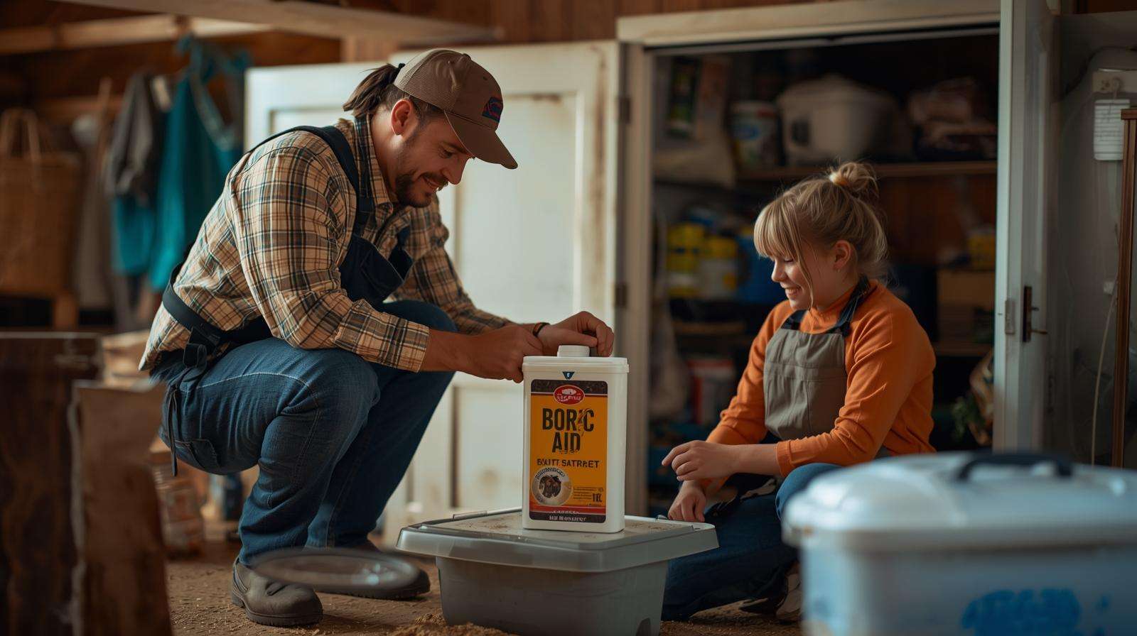 Farmer setting up boric acid bait station for natural roach control.