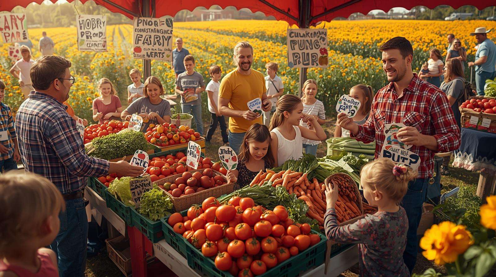 Vibrant farm festival with kids on a pun-themed scavenger hunt, featuring vegetable stalls and a farmer with stickers, showcasing vegetable puns in a sunny, festive setting.