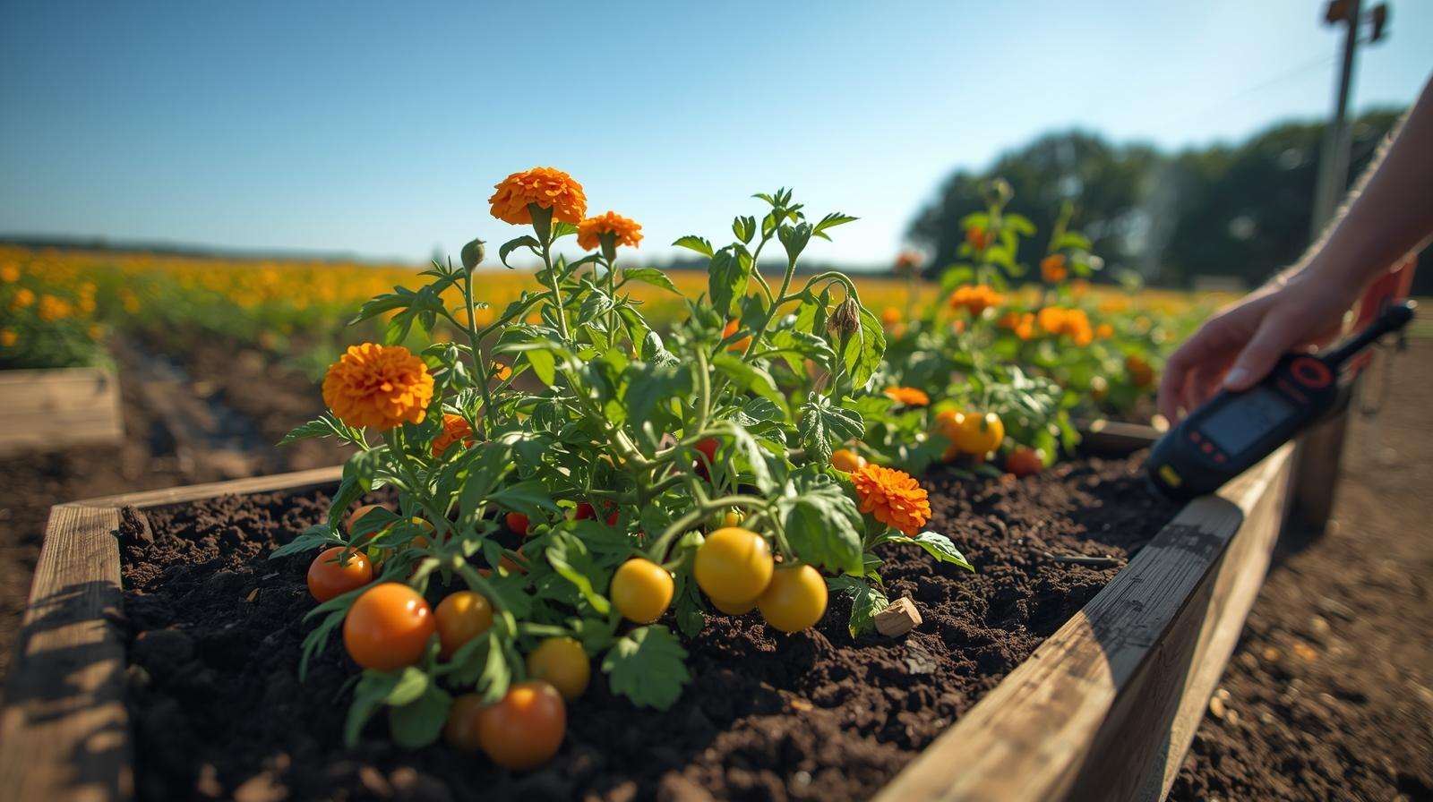Gardener testing soil in a raised bed with peppers, mulch, and clover, maintaining a good soil community in a thriving, sunlit garden setting.
