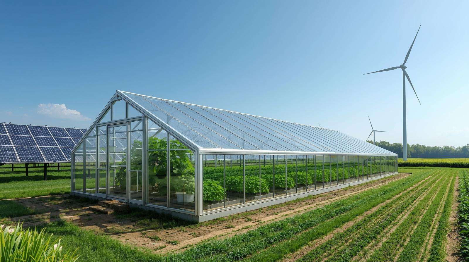 Eco-friendly greenhouse with greenhouse sheeting polycarbonate, solar panels, and sustainable farming features in a green landscape.