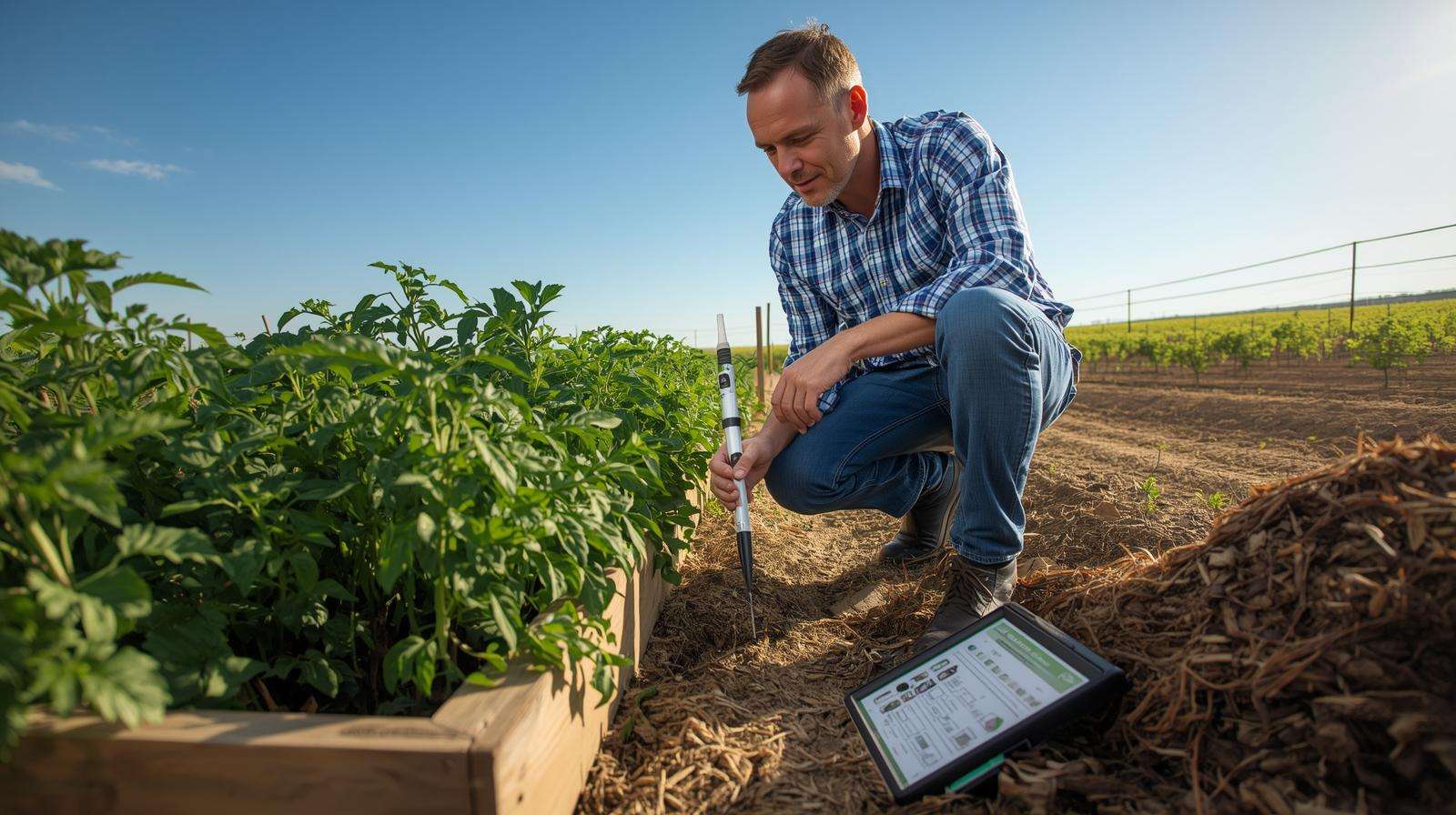 Gardener mapping a garden with a soil sample probe near tomatoes and cover crops, showcasing precision soil testing in a sunlit field.