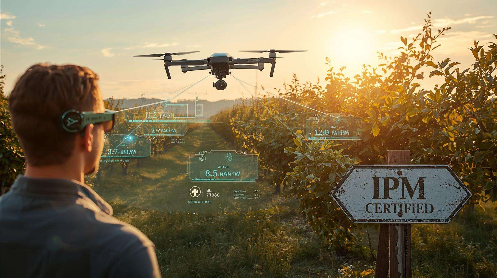 Drone applying IPM treatment over orchard with farmer using AR for pest control advertising data and co-op branding, showcasing 2025 innovation.