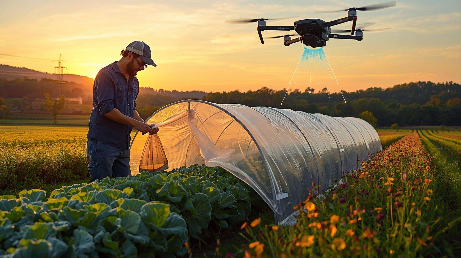 Farmer releasing beneficial insects under drone scan with row cover on kale, combining best tools for pest management in organic farming.