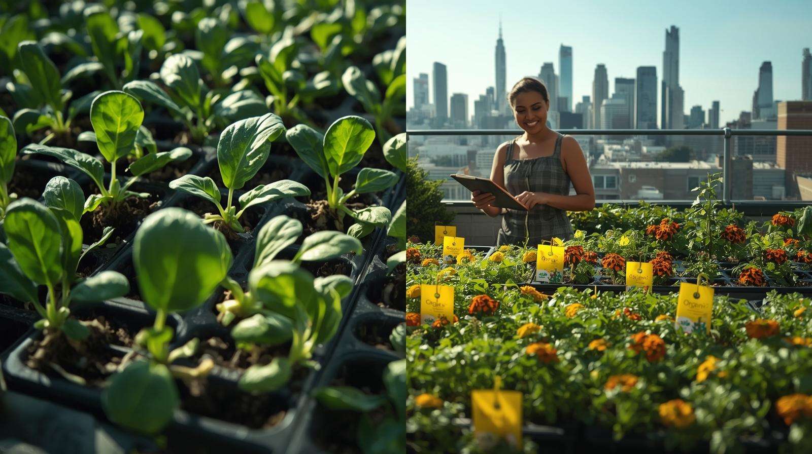 Split-view rooftop microgreens showing aphid damage vs. healthy harvest with marigolds and neighbor approval, proving apartment pest control works.