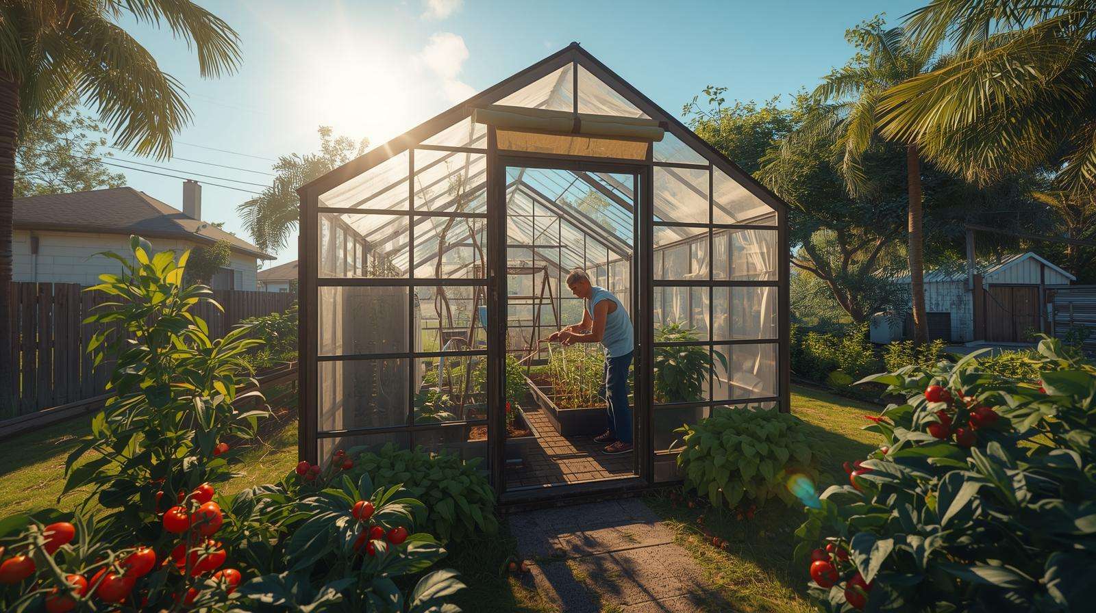 Florida gardener harvesting tomatoes from a greenhouse in a suburban backyard, showcasing real-world success.