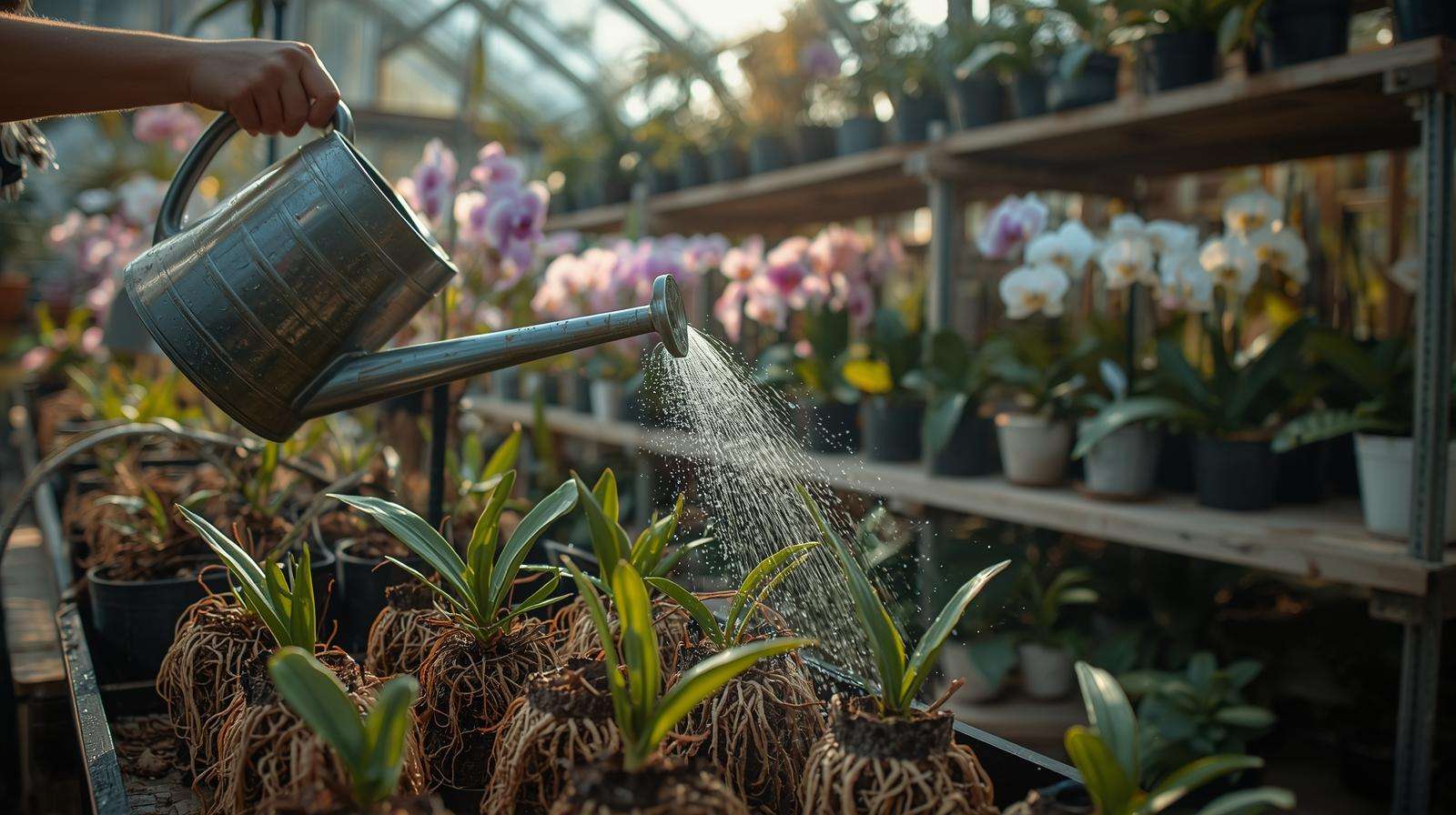 Grower watering orchids with rainwater in an orchid greenhouse.