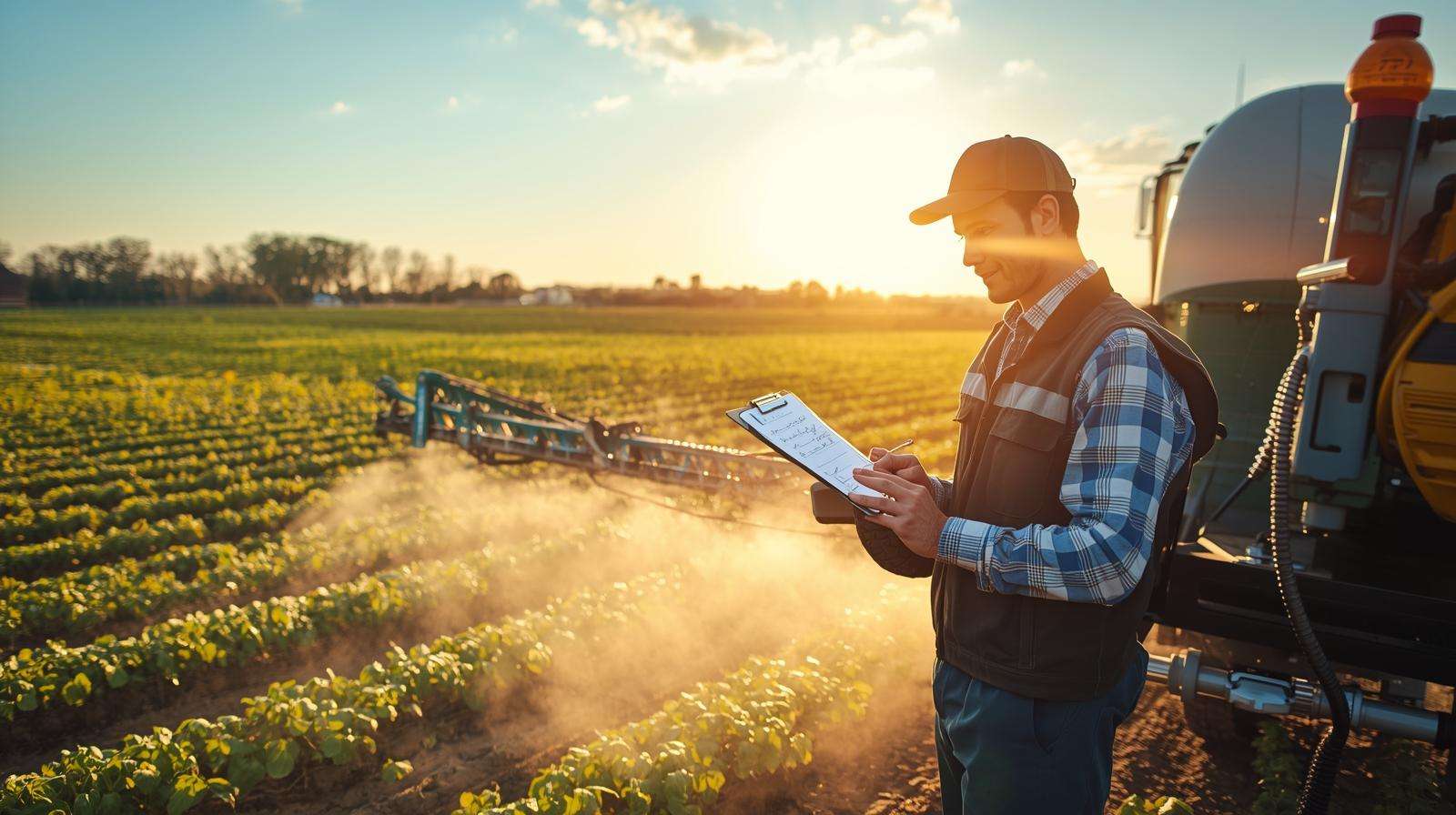 Eco-friendly agricultural field with fogger and clean waterway for sustainable termite control.