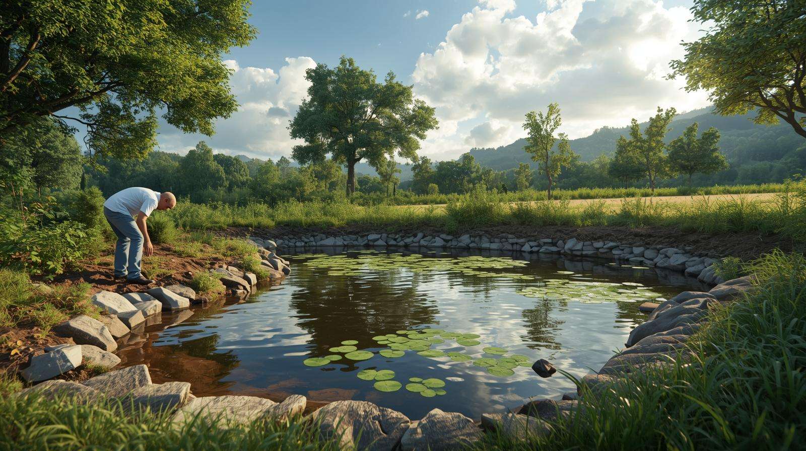 Permaculture pond with erosion control and farmer inspecting banks