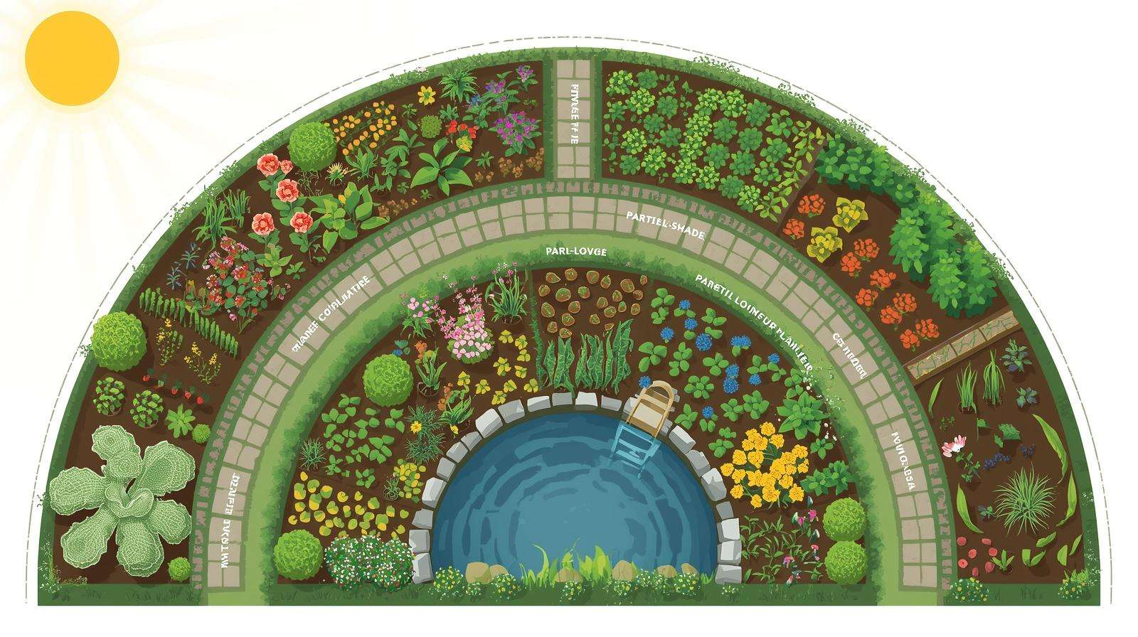 Illustrated layout of a permaculture spiral garden with planting zones and pond.