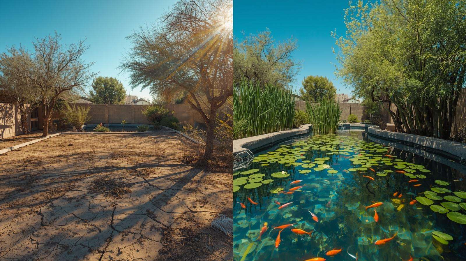 Before and after ecological tank transformation in Arizona desert permaculture homestead