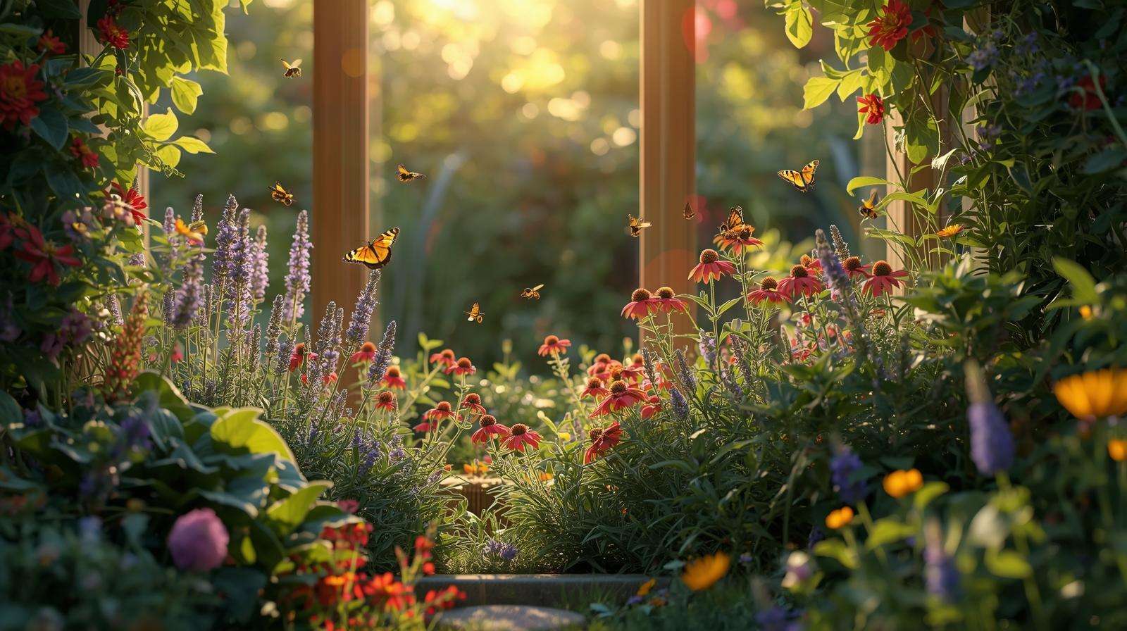 Microclimate in a permaculture garden with ecological windows and diverse plants like lavender.