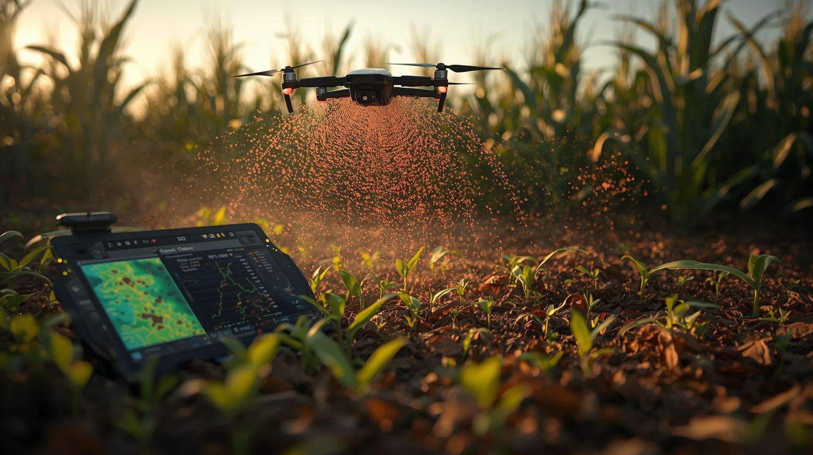 Drone interseeding clover into corn over rye mulch with NDVI tablet, showcasing advanced mulch and mow techniques for 2025.