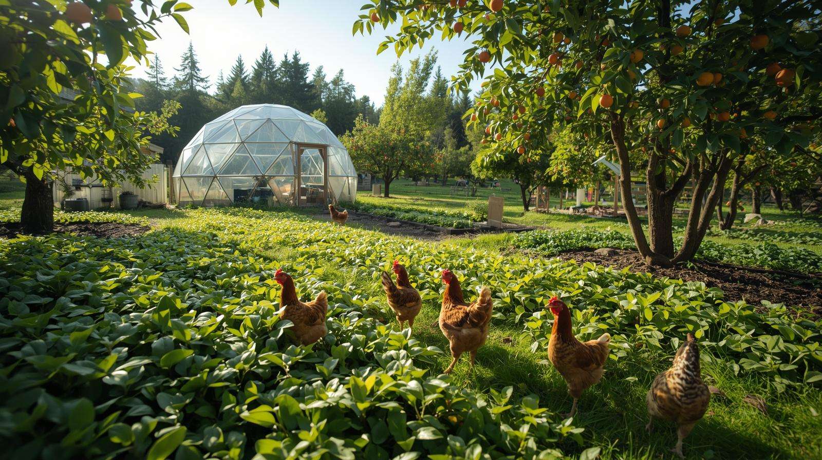 Chickens foraging in a community permaculture orchard with greenhouse