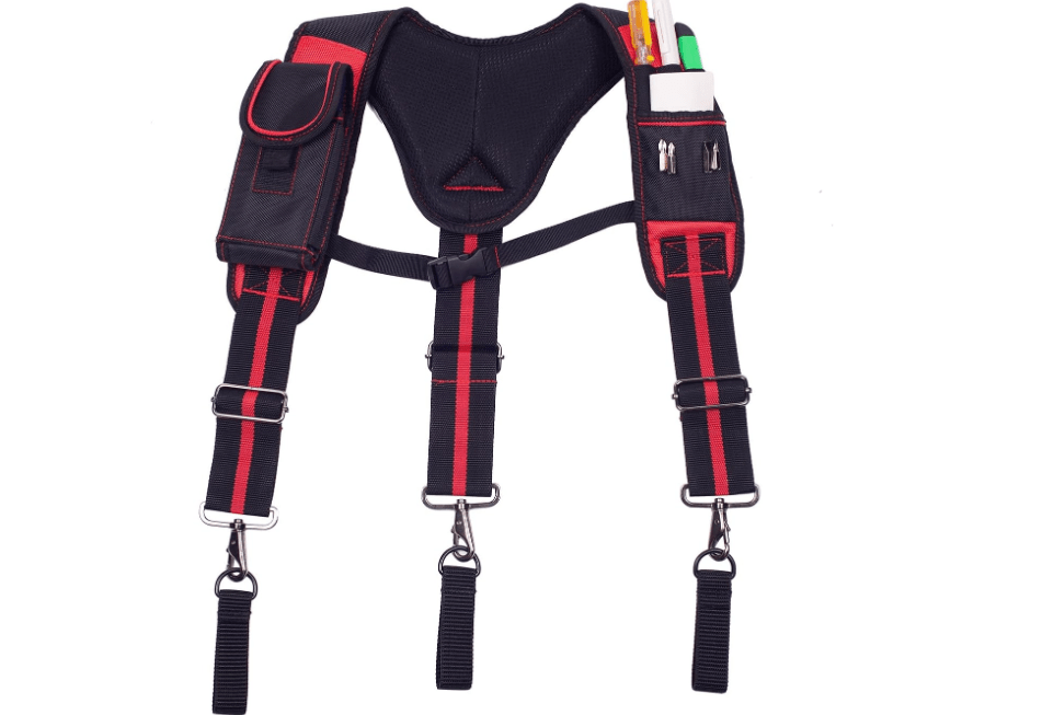 Dr.TOUGH Tool Belt Suspenders for Men Carpenter Tool Belt with Suspenders Padded Tool Belt Suspenders With Magnet Pocket (Red and Black) 