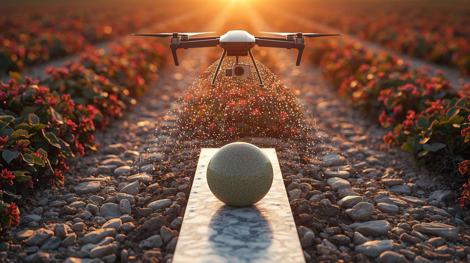 Melon field with white marble stone mulch strips, clover alleys, buried drip, and drone seeding, showcasing advanced stone mulch systems in 2025.