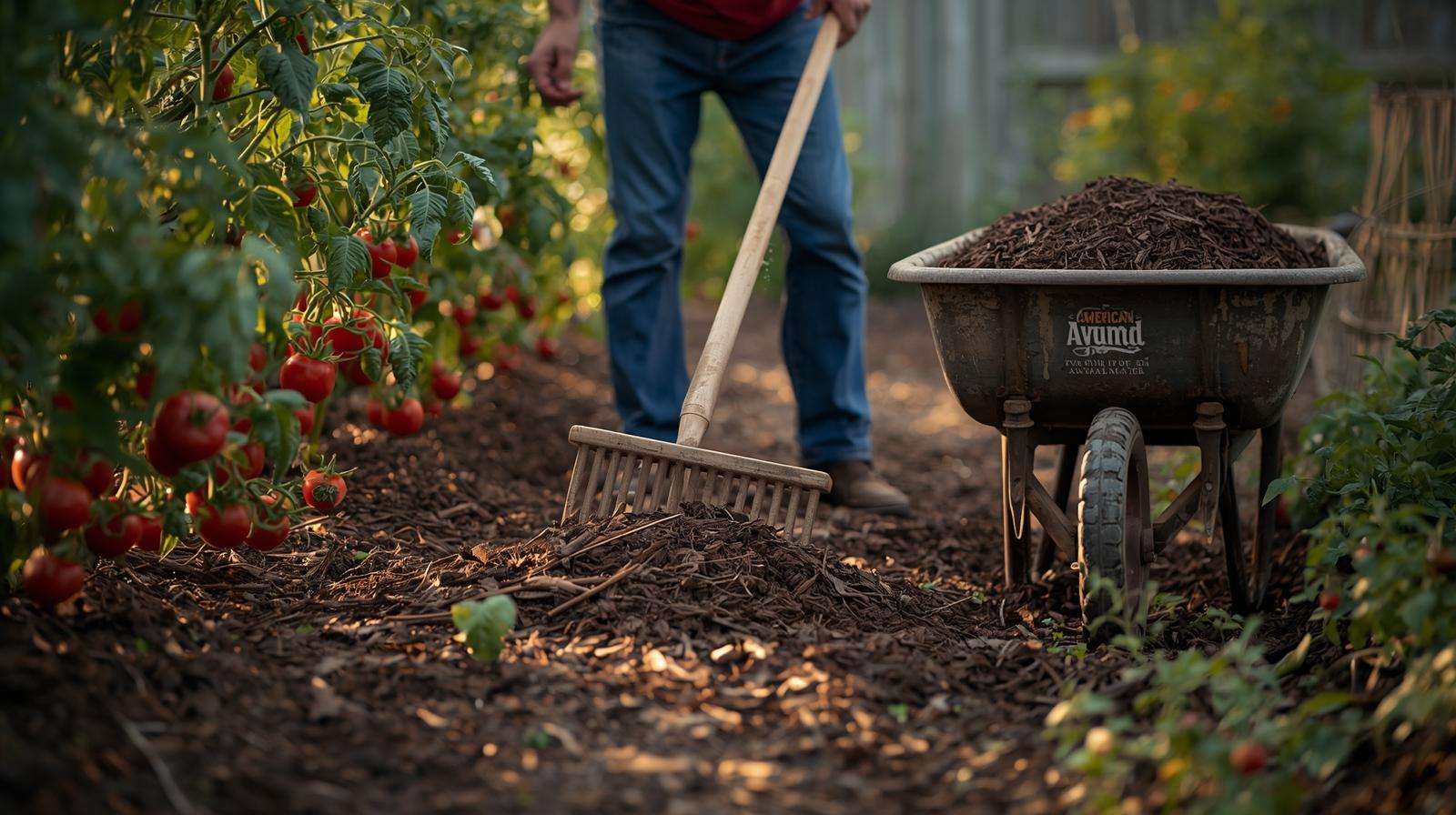 Gardener maintaining American mulch layer for vegetable patch health.