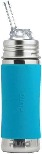 Pura Kiki 11oz/325ml Stainless Steel Straw Bottle w/Sleeve - 100% Plastic-Free, MadeSafe Certified, 100% Medical-Grade Silicone Straw for Kids, Toddlers, Preschoolers, Babies & Infant - New Aqua