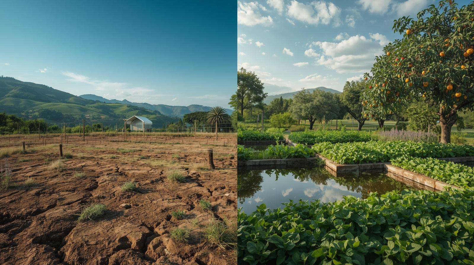 Before-and-after view of a barren plot transformed into a thriving permaculture farm