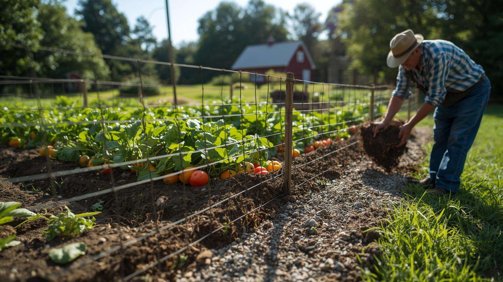 Wire mesh fence with gravel base around a farm vegetable garden.