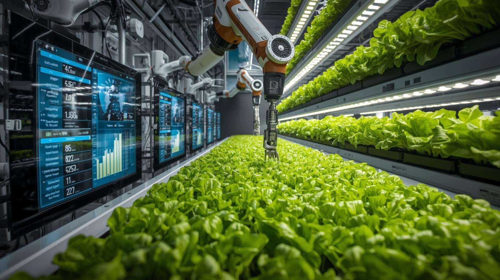AI robots tending buttercrunch lettuce in a smart vertical farm