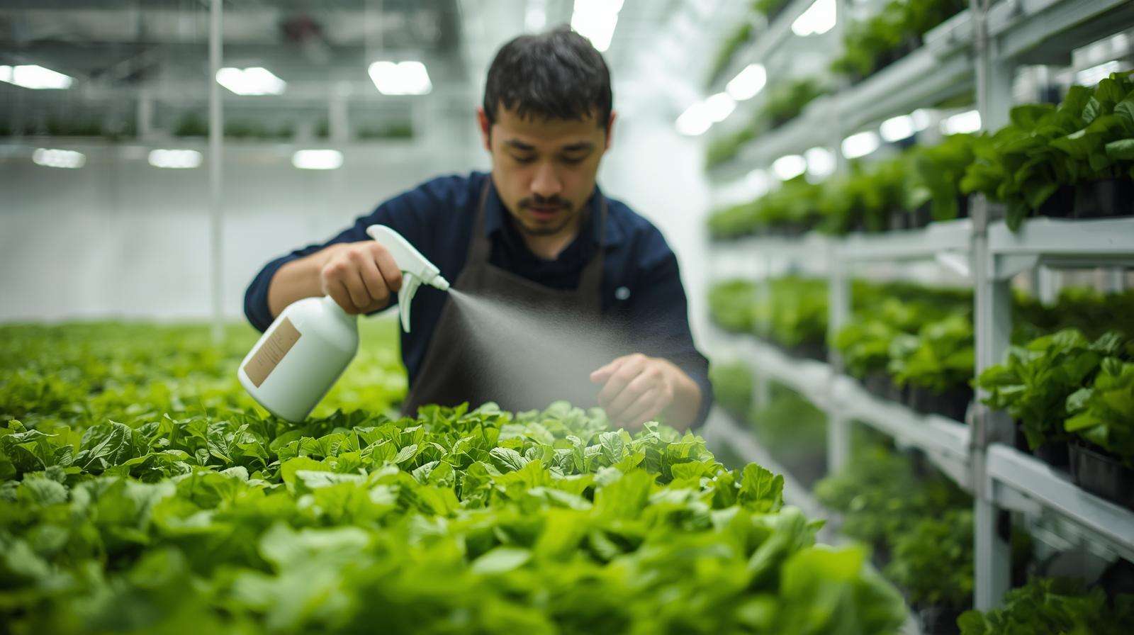 Farmer applying neem oil spray on Black Seeded Simpson lettuce in vertical farm