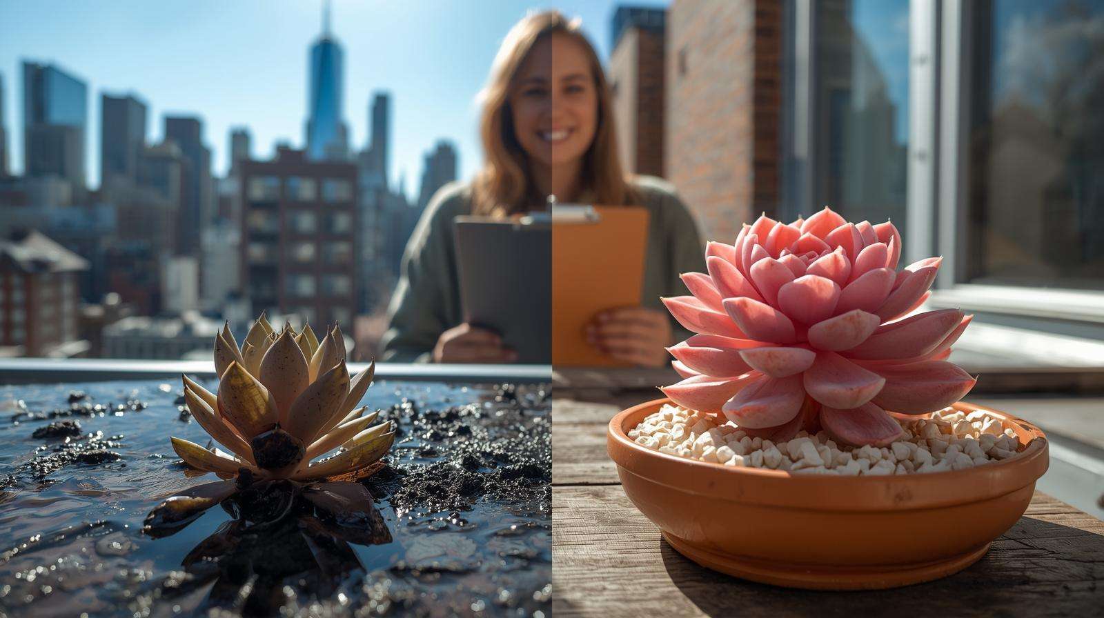 Split NYC balcony showing mushy vs. thriving echeveria with perlite-pumice succulent cacti soil, proving 2025 success.