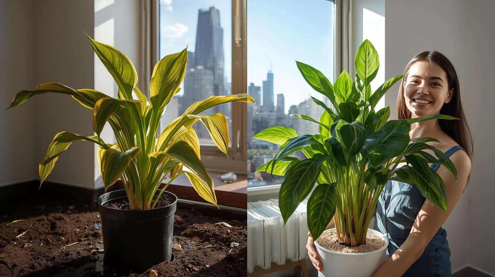 Split Chicago apartment showing droopy vs. lush ZZ plant with perlite-pumice ZZ plant soil, highlighting 2025 success.