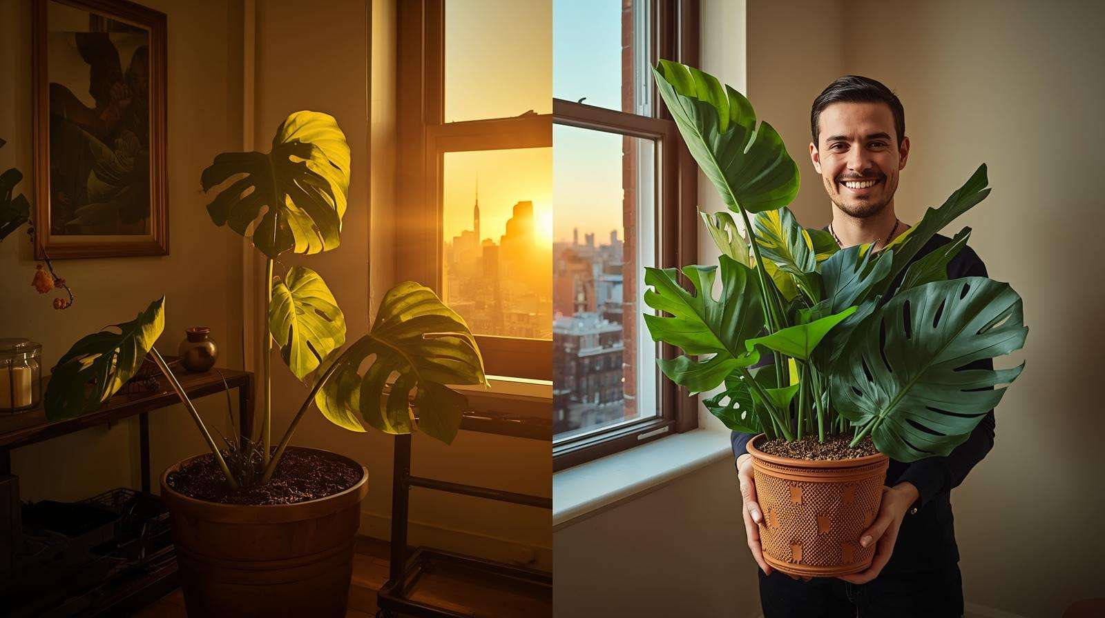 Split NYC apartment showing wilting vs. lush Monstera with bark-perlite aroid soil mix, highlighting 2025 success.