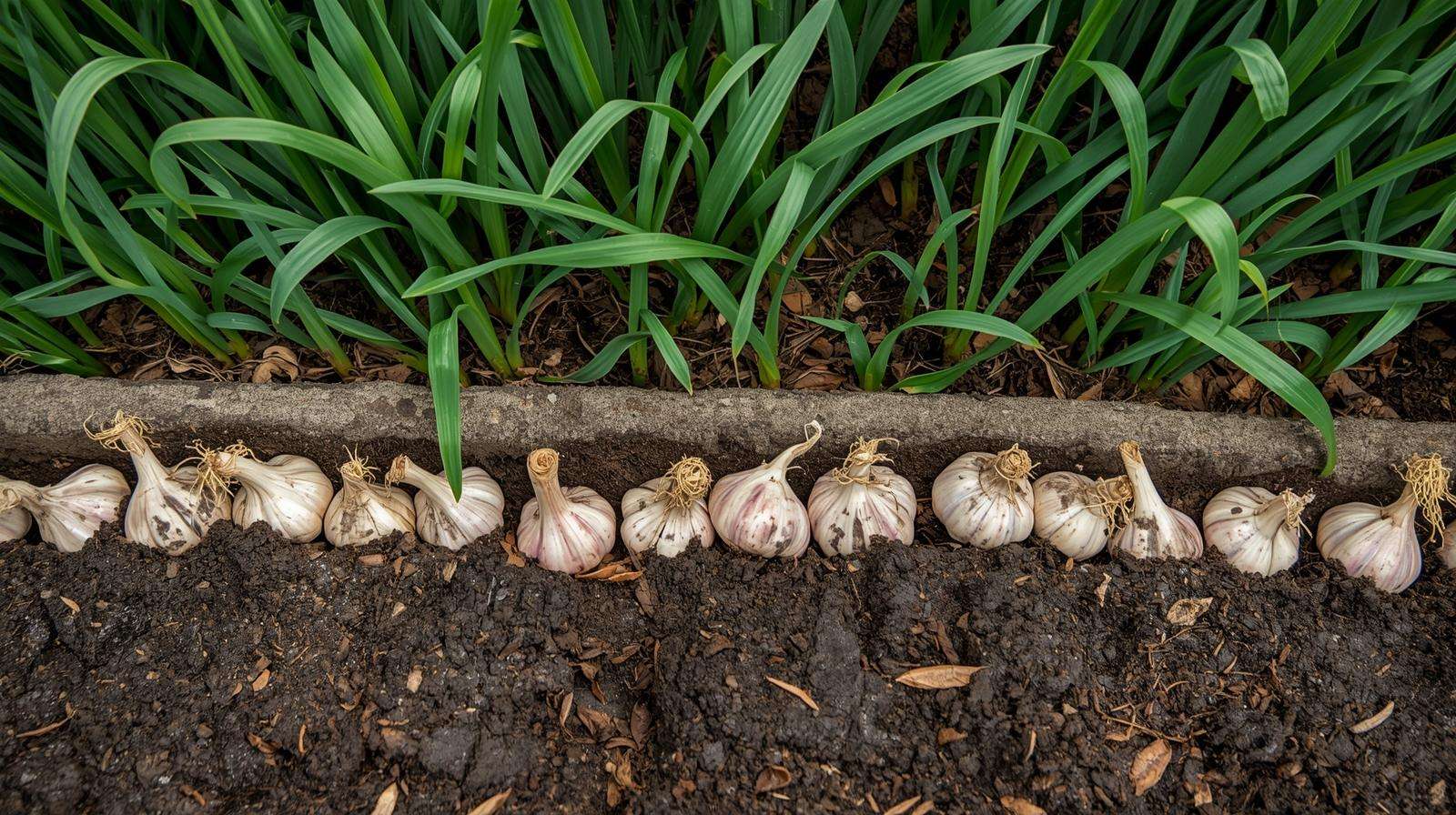 Garlic clove perimeter barrier protecting vegetable garden from mice
