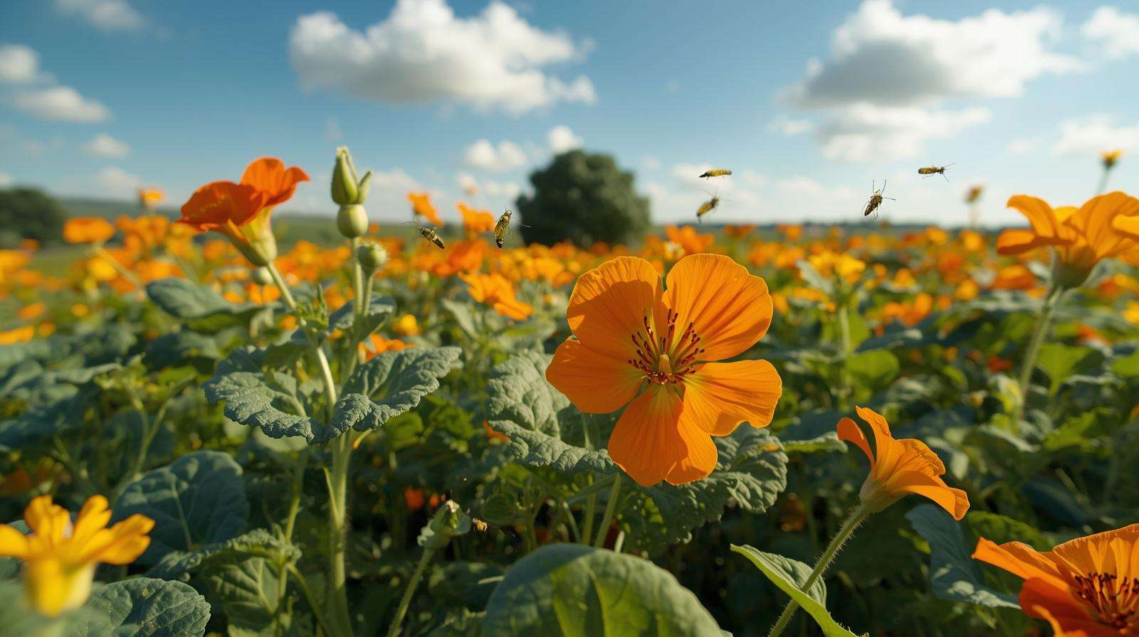 Nasturtium trap crops protecting kale plants from aphids in a natural farm field.