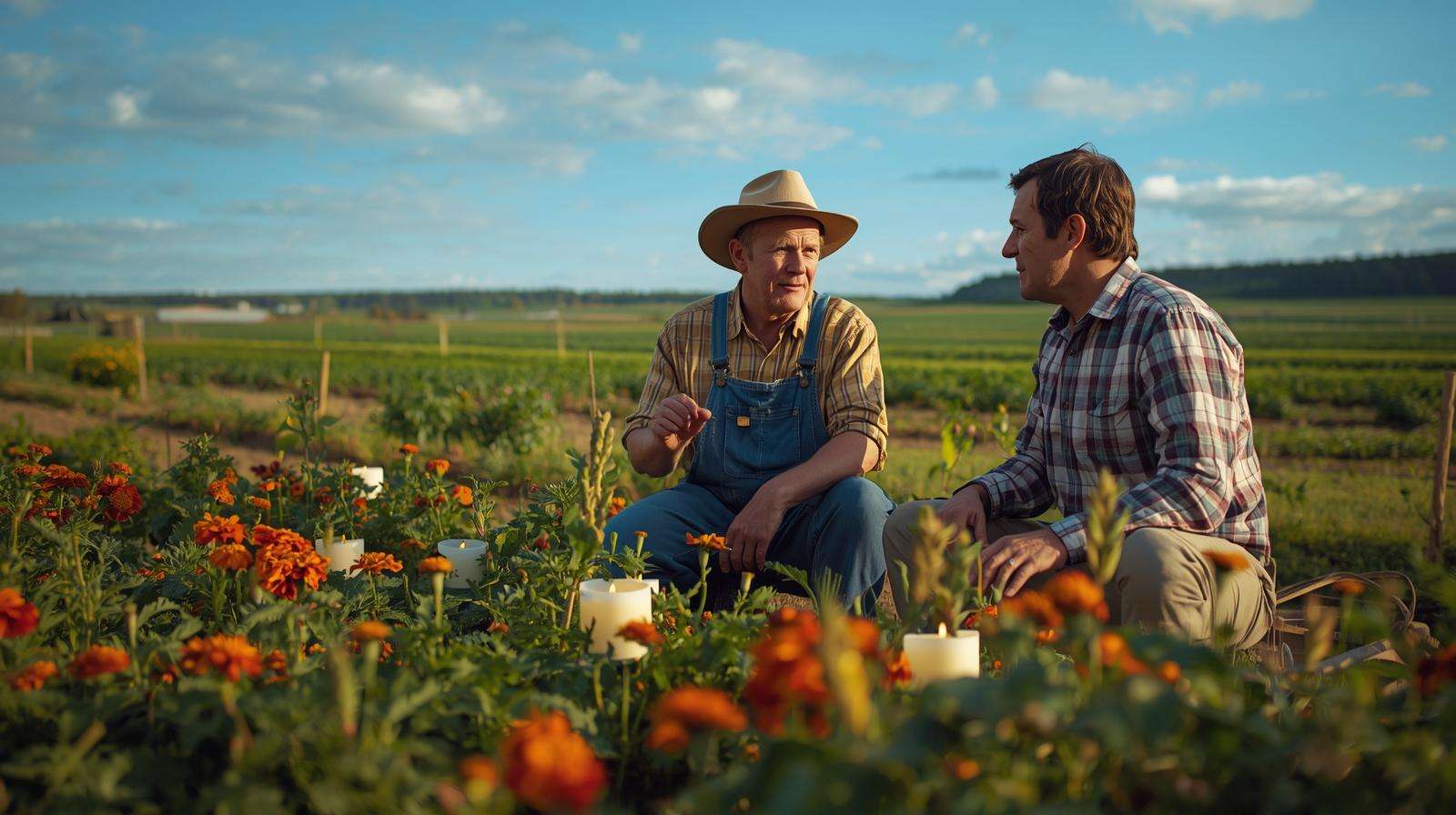 Farmer and entomologist discussing pest control with candles and companion plants.