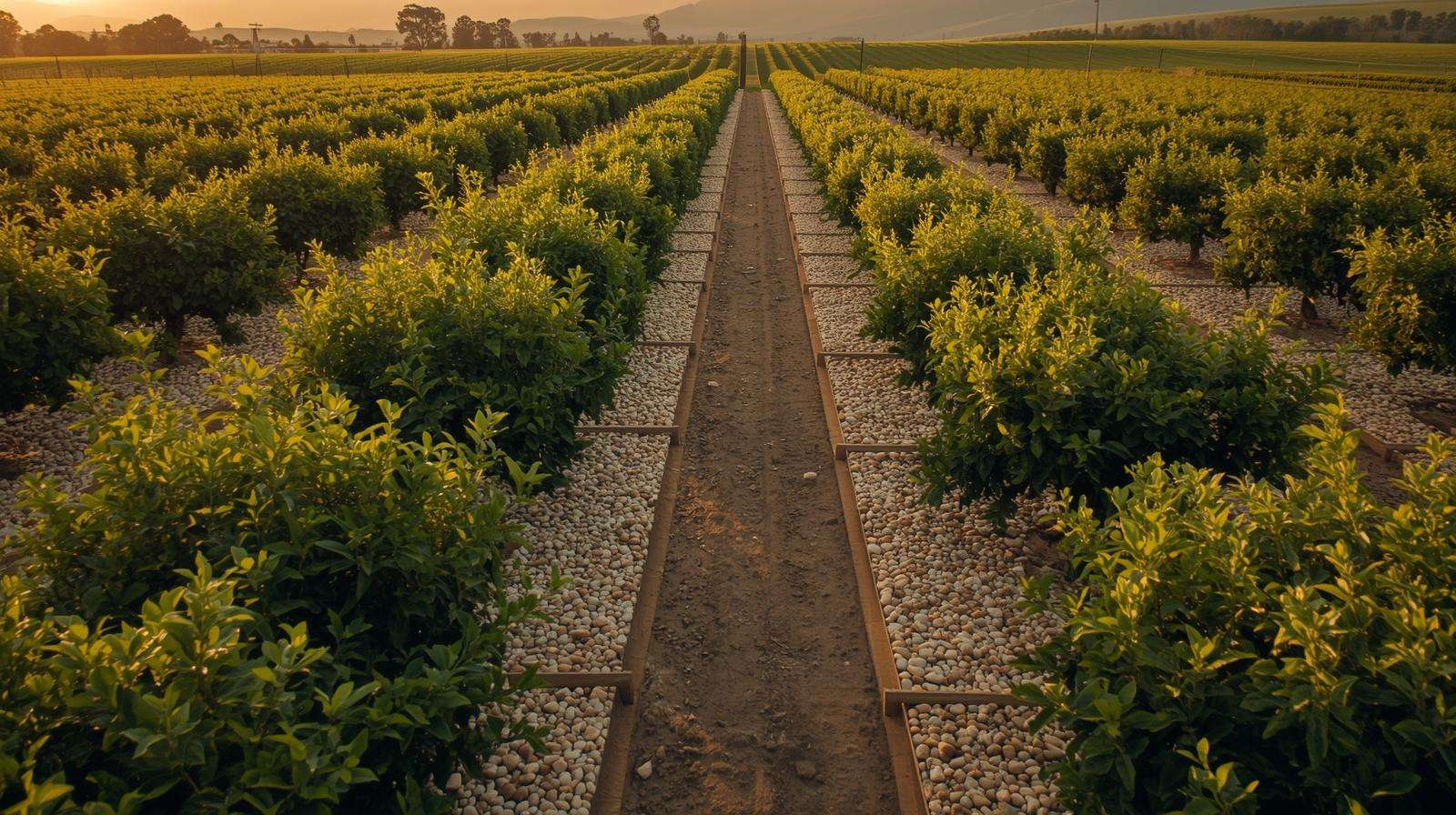 Long-term stone mulch in organic almond orchard with drip irrigation and weed-free zones