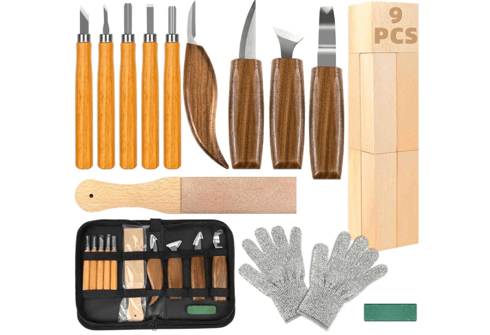 K KERNOWO Woodworking Tool Set, 23PCS Woodworking Whittling Kit for Beginners, Including Basswood Blocks, Strop Block, Polishing Compound & PU Bag 