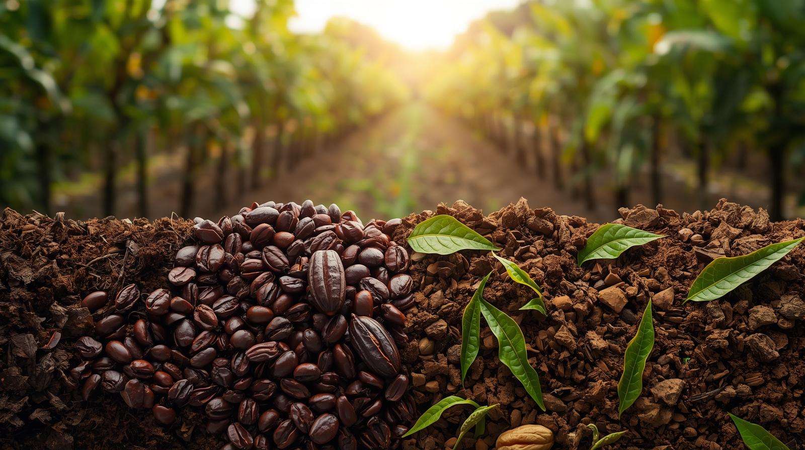 Visual comparison of cocoa bean mulch with other organic mulches in a farming context.