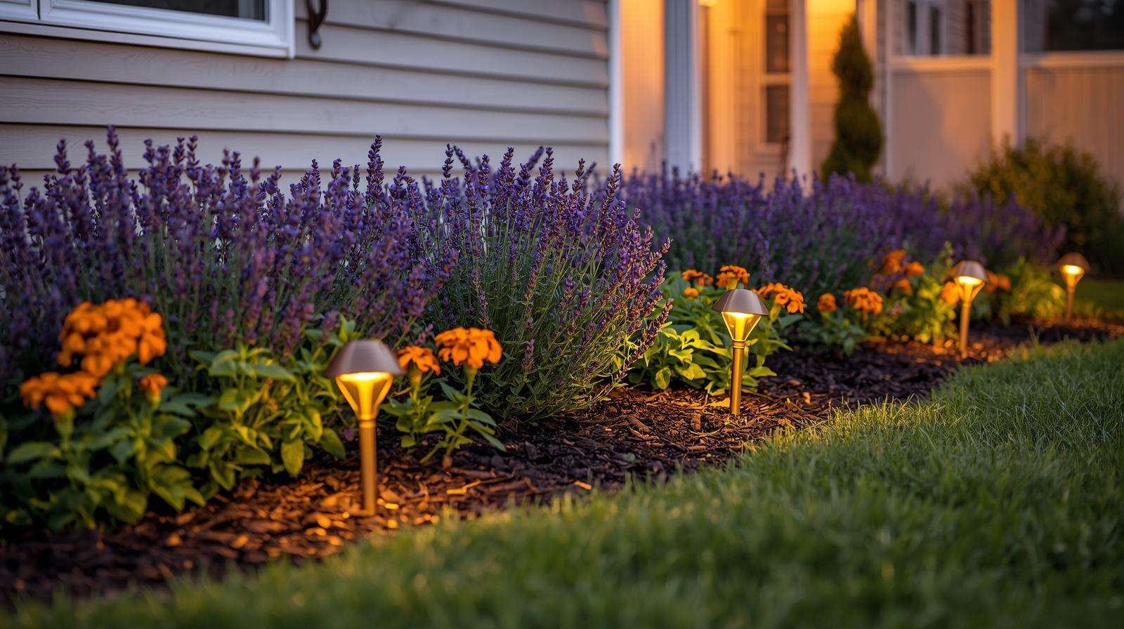 Natural spider-repelling garden border with lavender, marigolds, and mint around home foundation