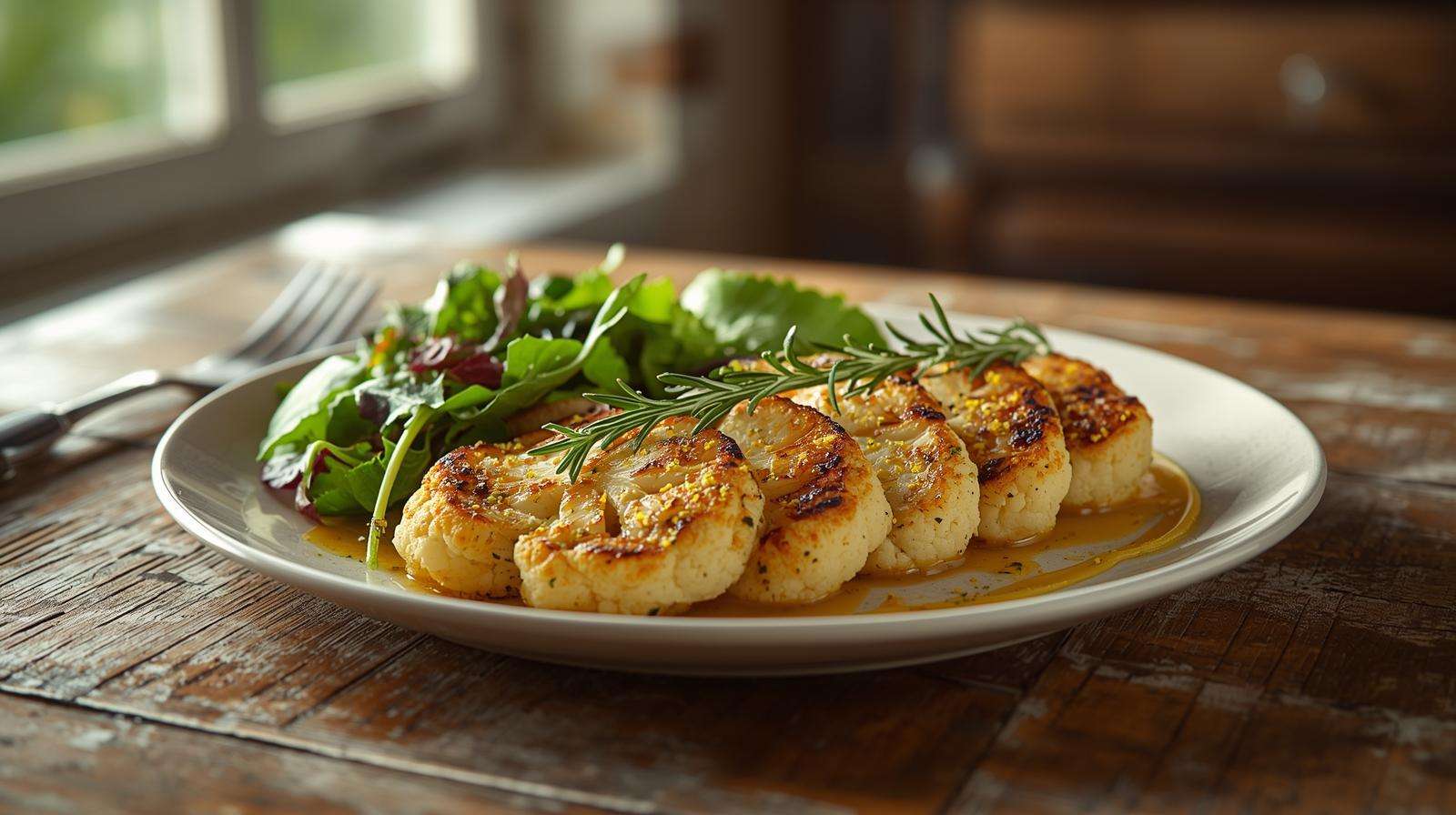 Plated roasted cauliflower steak with herbs and lemon drizzle, showcasing the culinary appeal of cooking flower vegetables in a farm-to-table setting.