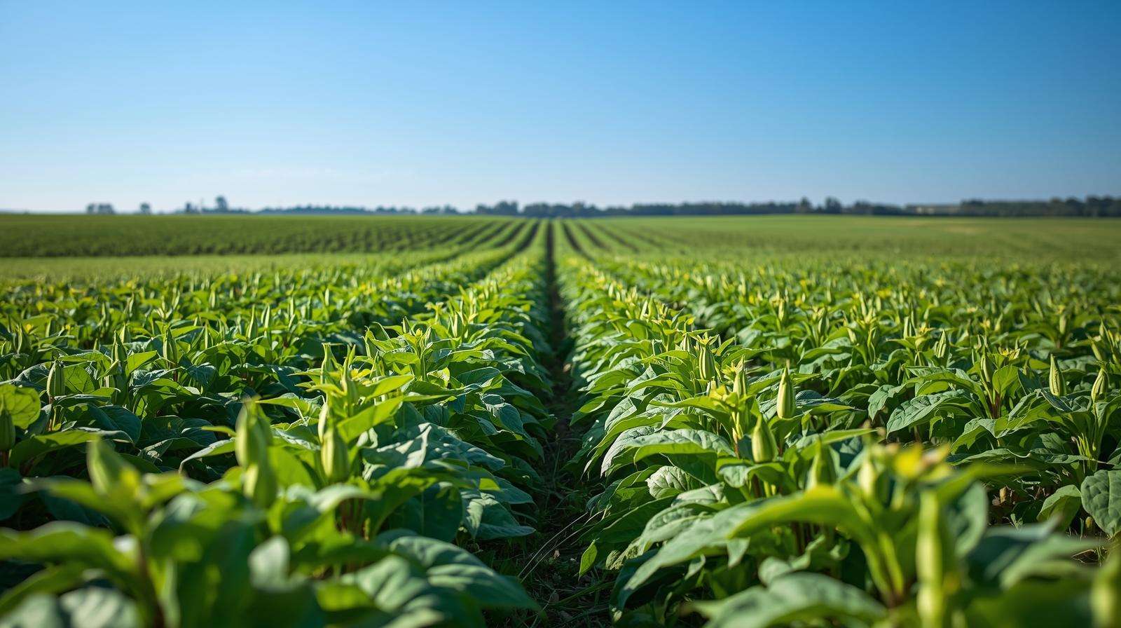Lush green organic soybean field under a clear sky, showcasing sustainable farming practices.