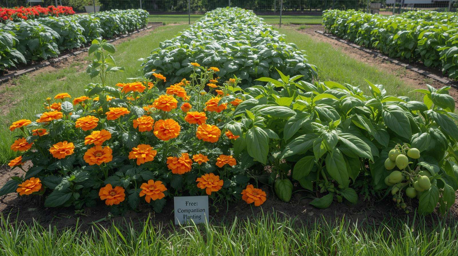 Expert gardener’s companion planting setup with marigolds and tomatoes for pest control and high yield.