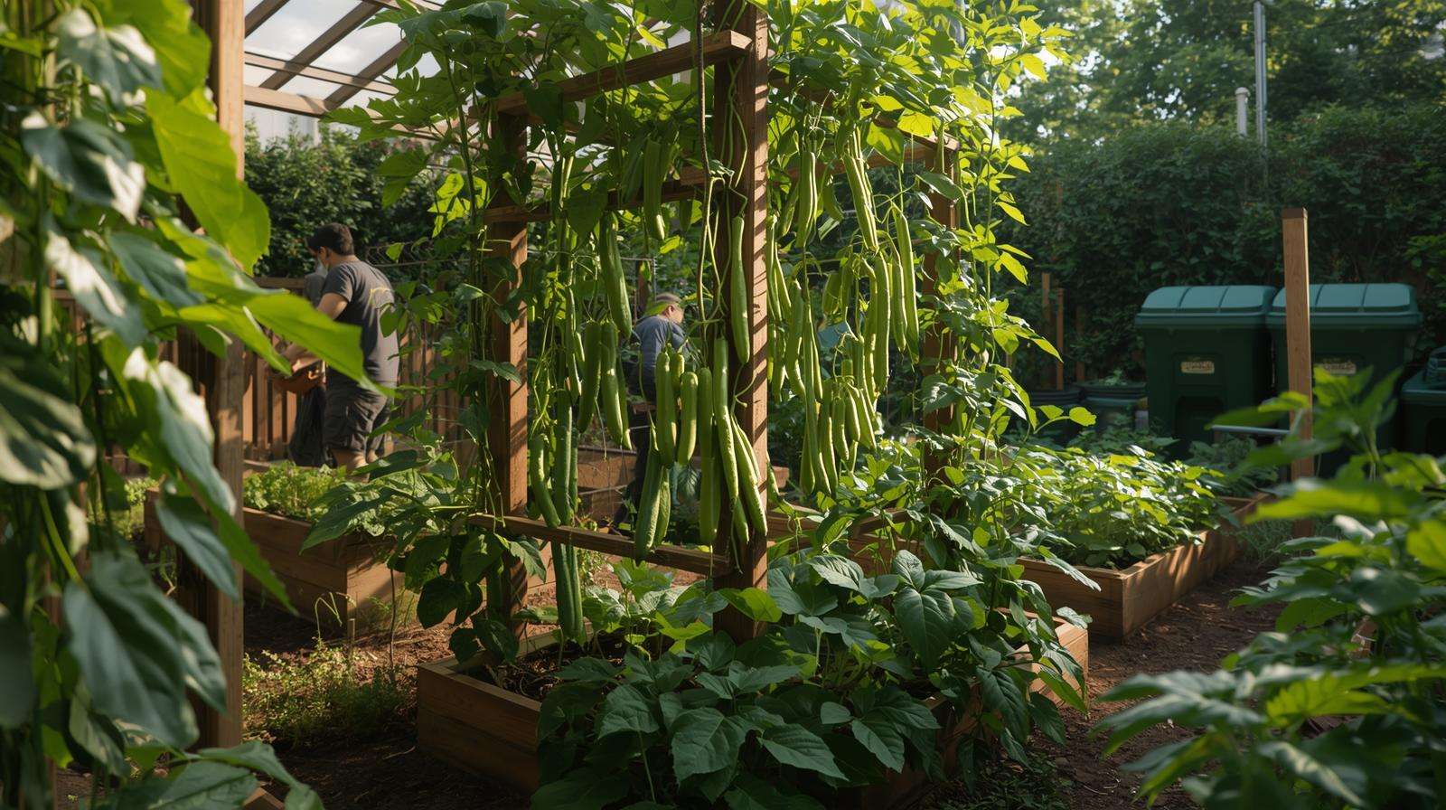 Expert gardener using vertical trellises in a small garden to maximize crop yield.