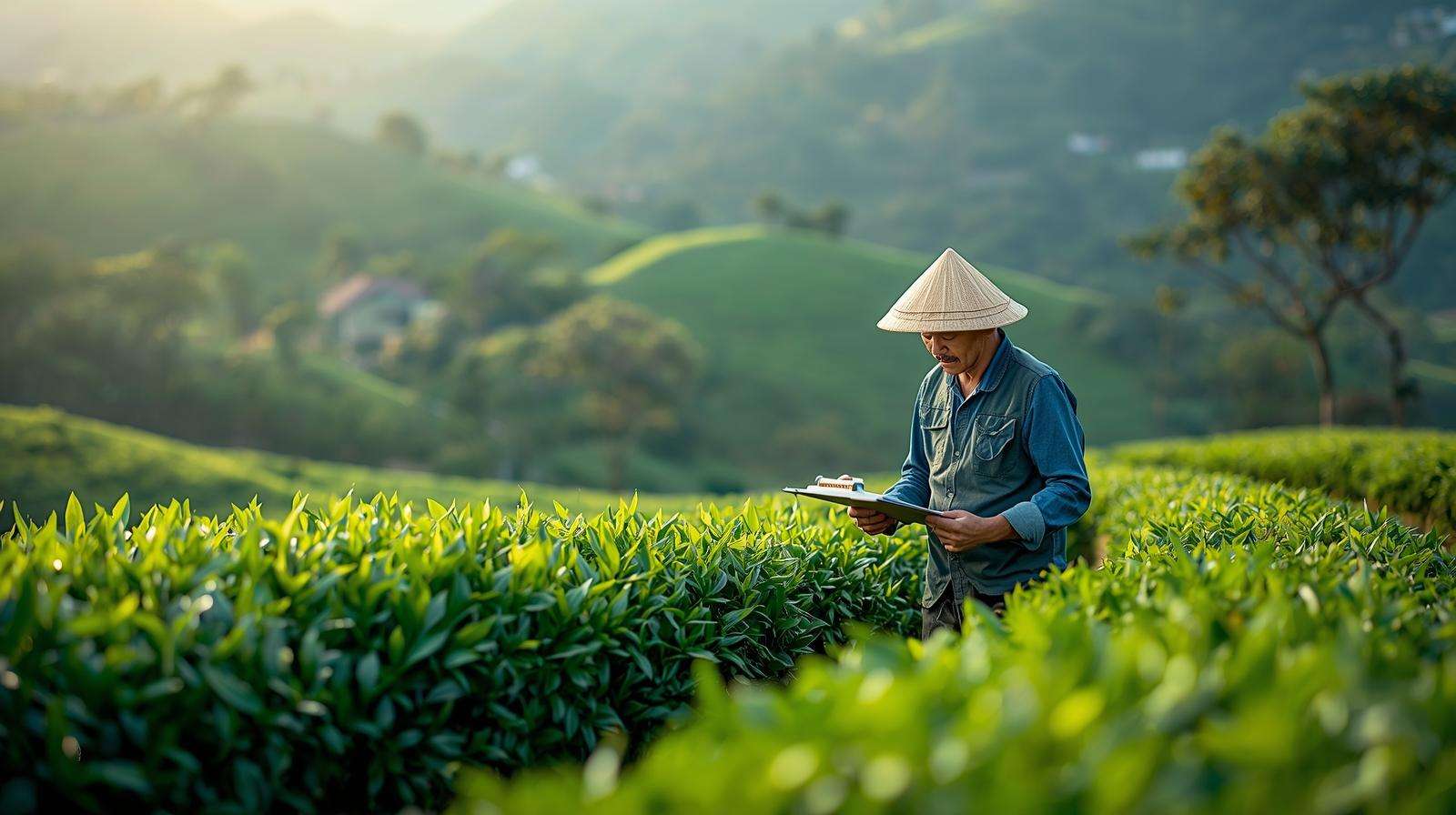 Farmer inspecting vibrant green tea plants in a high-altitude organic tea plantation, highlighting cultivar selection for organic black tea farming.