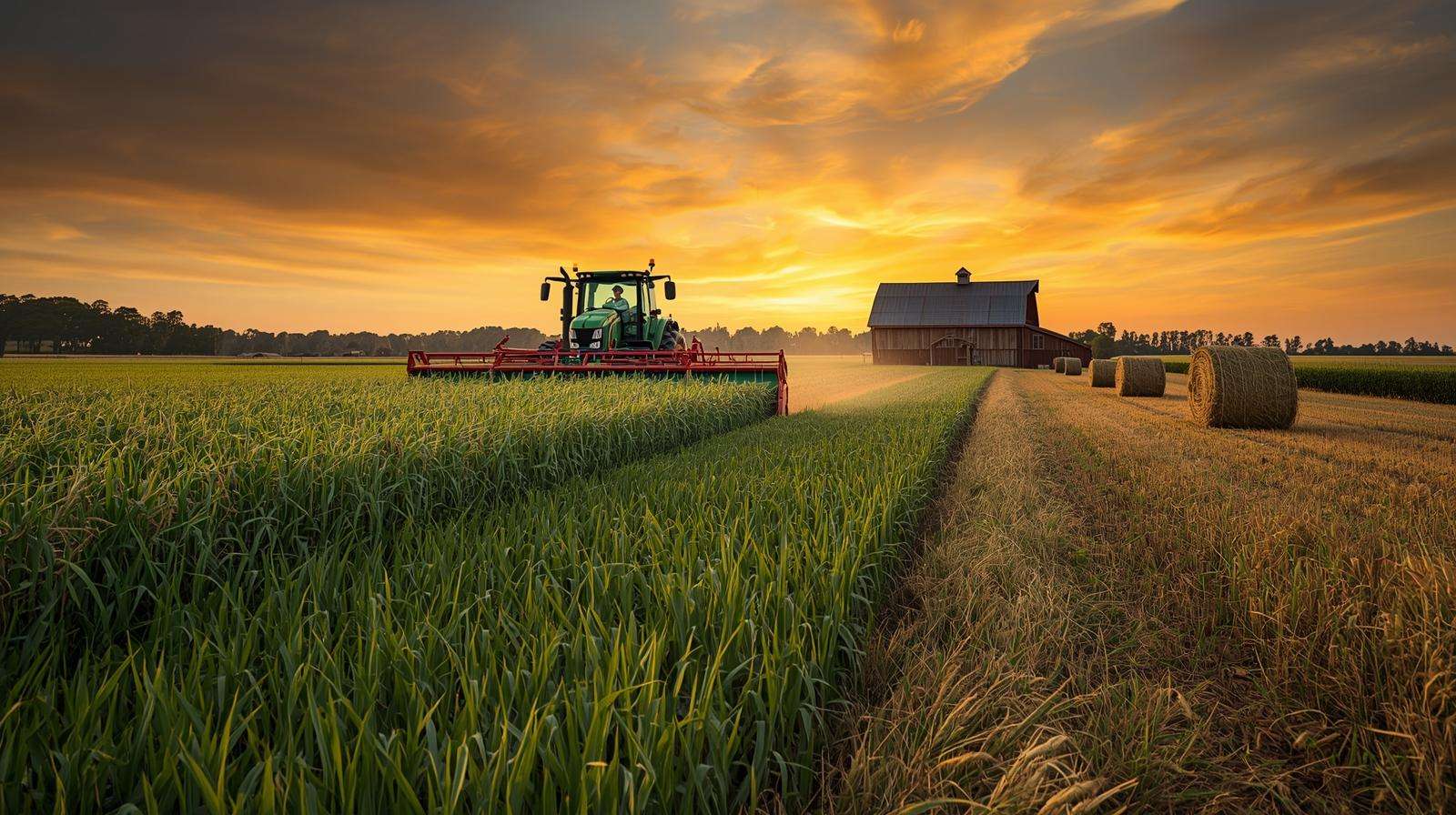 A farmer harvests brown top millet for hay with a tractor, with bales and a barn under a sunset sky in a rural farm.