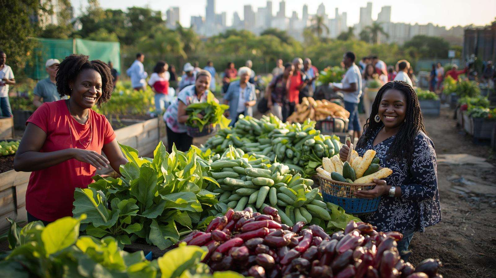 Diverse gardeners harvesting callaloo and chayote in an urban Haitian-American community garden, showcasing success with Haitian vegetables.