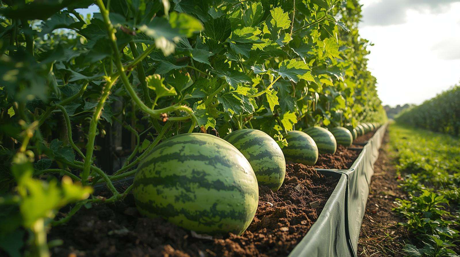 Thriving watermelon vines with ripe melons in containers, grown with high-quality watermelon potting soil for bountiful harvests.