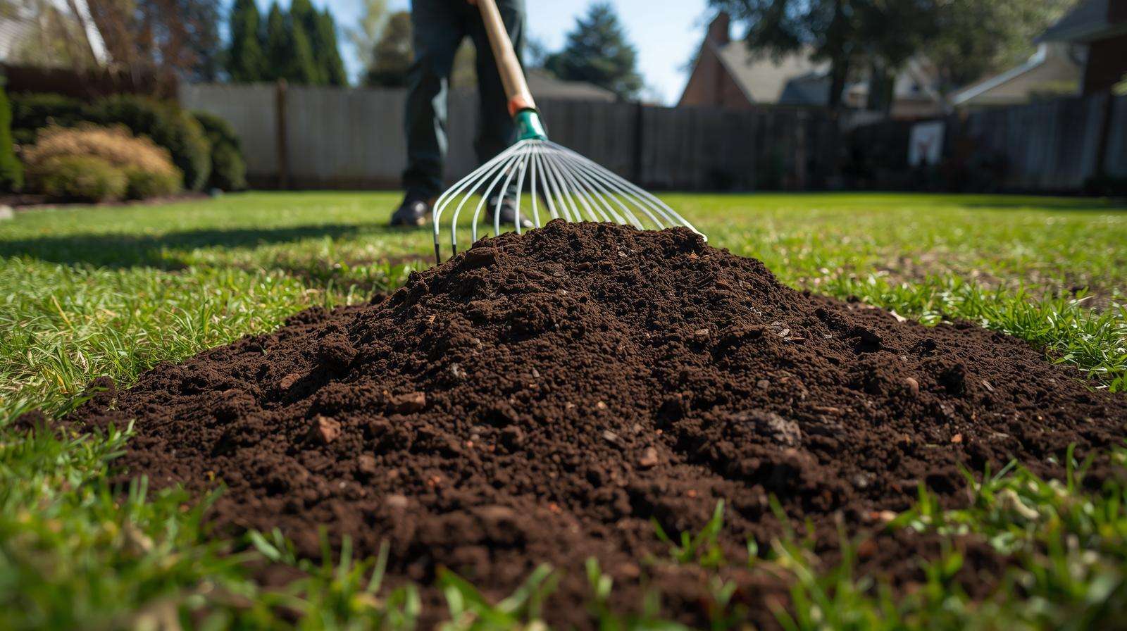 Gardener spreading compost on lawn to maintain healthy pH if soil is too alkaline for grass, promoting long-term soil health.