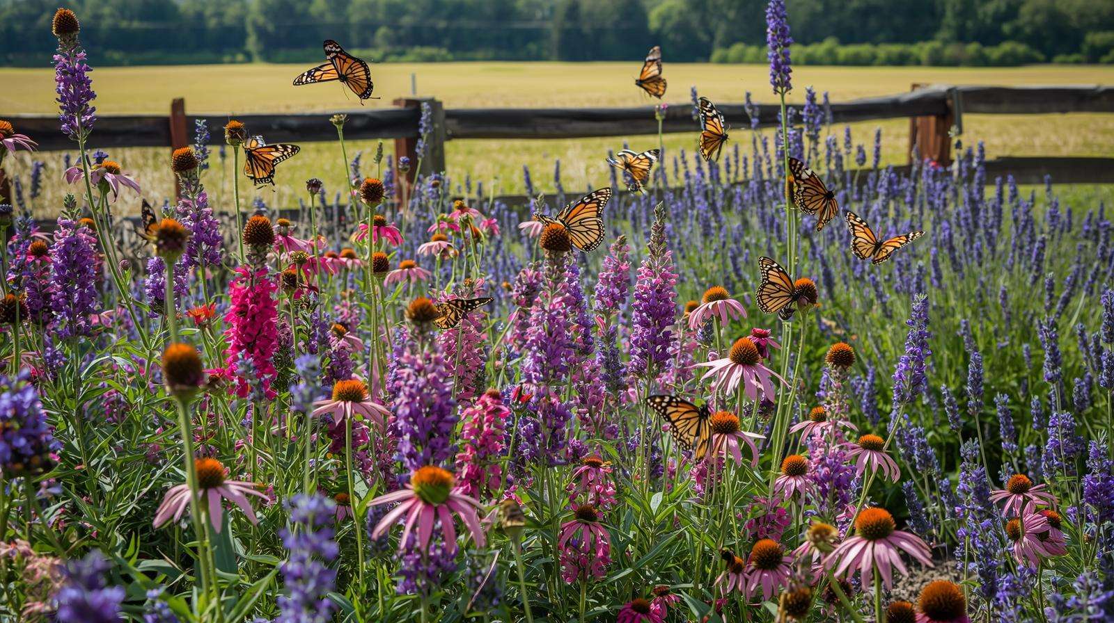 A pollinator garden with butterfly bush varieties, coneflowers, and lavender attracts butterflies and bees in a vibrant farm setting.