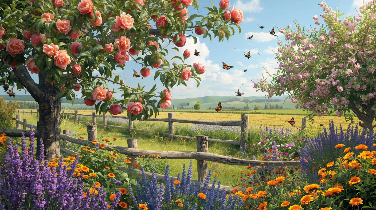 A farm garden with flowering peach varieties, lavender, and marigolds attracts pollinators in a vibrant, eco-friendly setting.