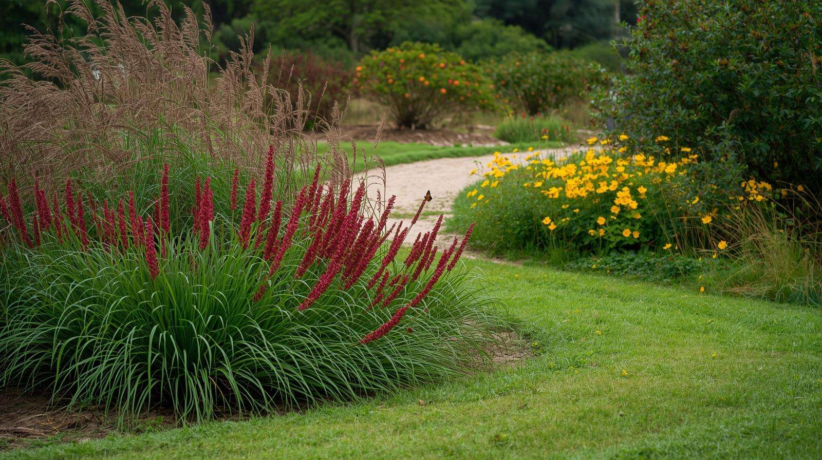 A Centipedegrass lawn with Florida grass varieties and companion plants like firebush and coreopsis attracts butterflies in a farm garden.
