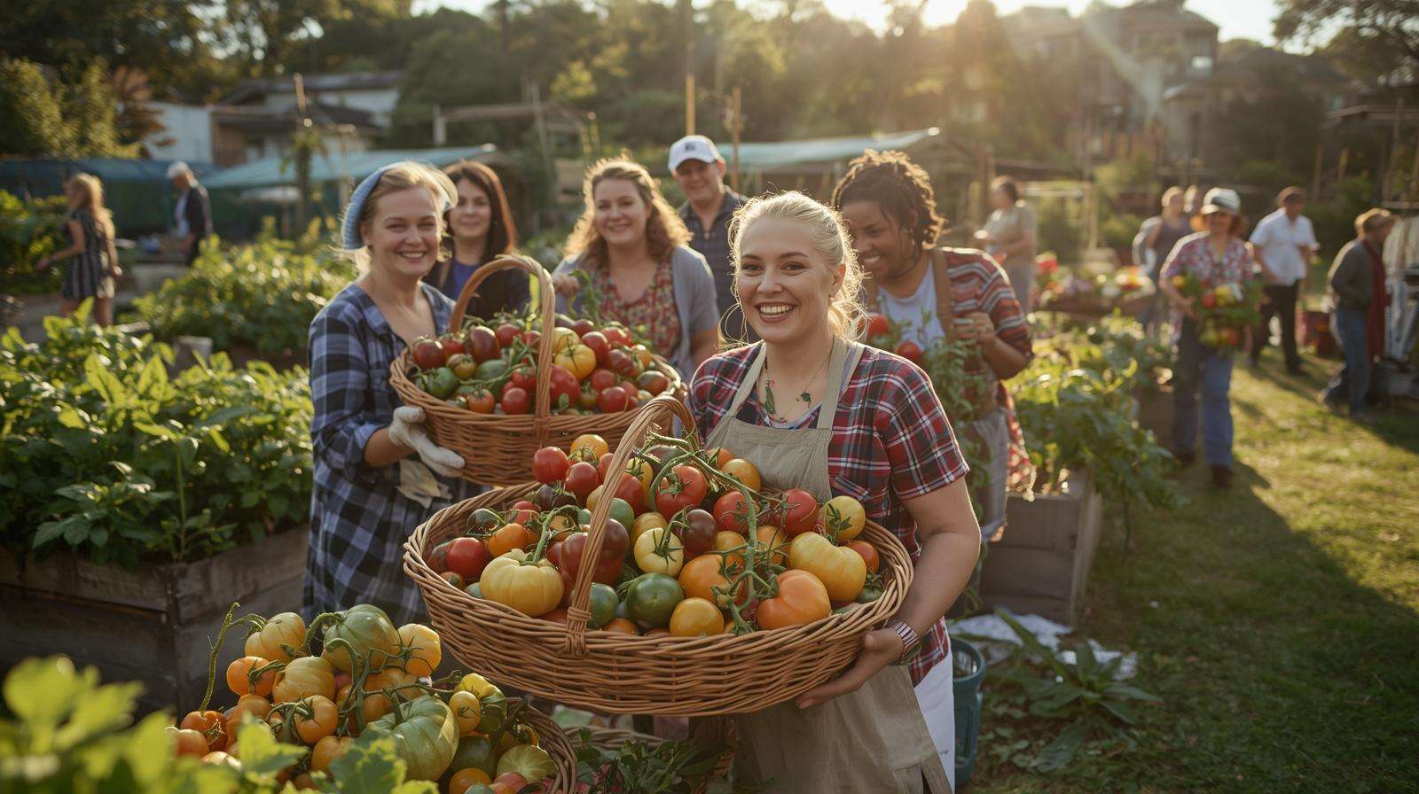 Diverse gardeners at a rainbow tomato harvest festival in a community garden, showcasing colorful tomato varieties like ‘Brandywine’ and ‘Green Zebra’.