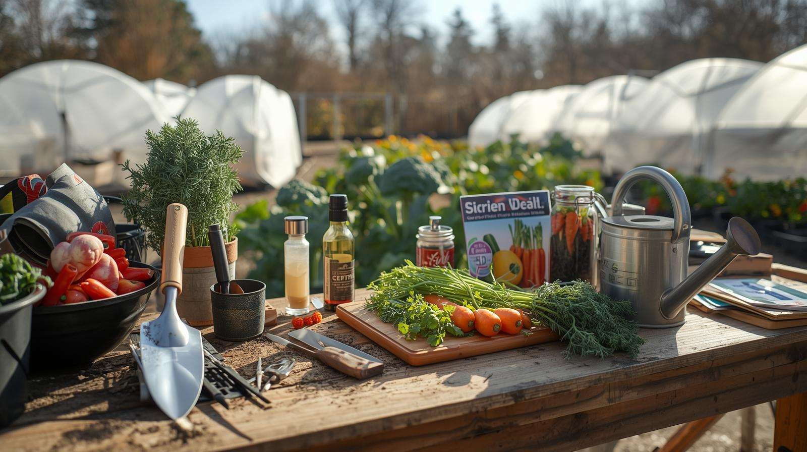 Gardening tools like trowel and soil test kit for growing vegetables for a Christmas vegetable tray, set in a winter garden.