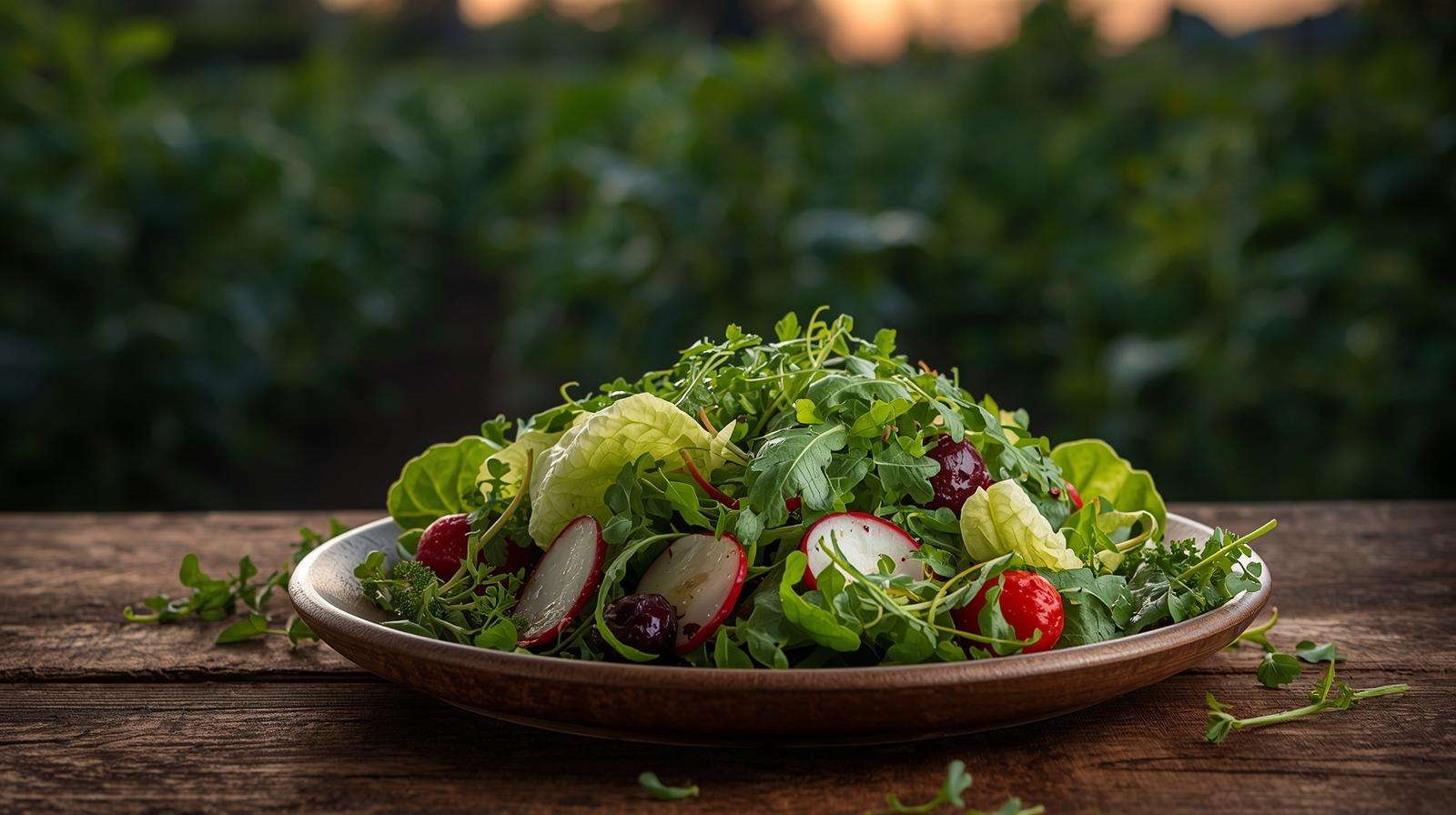 Fresh garden salad with quick growing vegetables like lettuce, arugula, and radishes, showcasing homegrown produce.